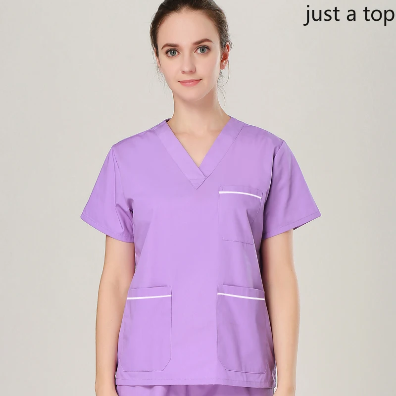 light purple top Женская мода с коротким рукавом скраб-топ из чистого хлопка медицинская Униформа Классическая рубашка с v-образным вырезом аптека доктор уход Рабочая одежда - Цвет: light purple top