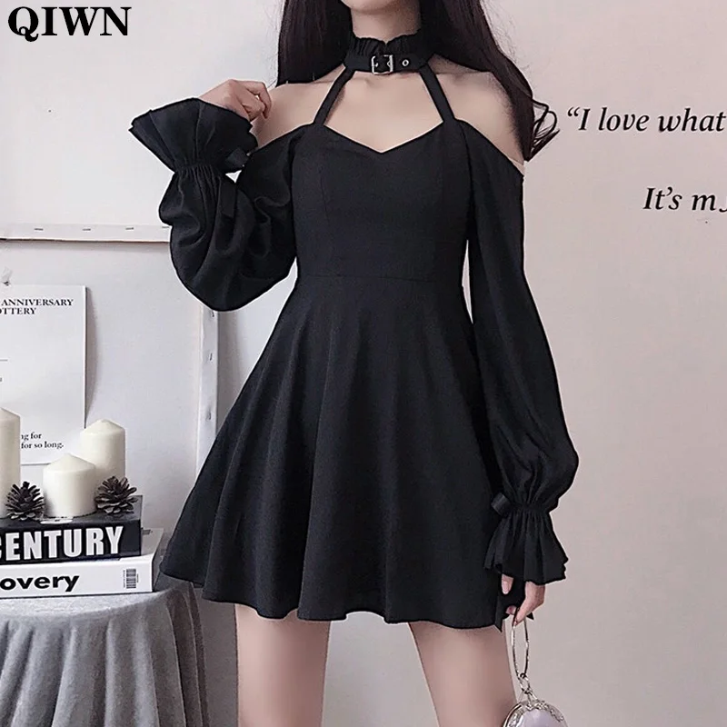 

One Piece Gothic Girls Dresses New 2020 Autumn Sexy Off Shoulder Punk Mini Dress Female Chic Long Sleeve Hollow Out A Line Dress