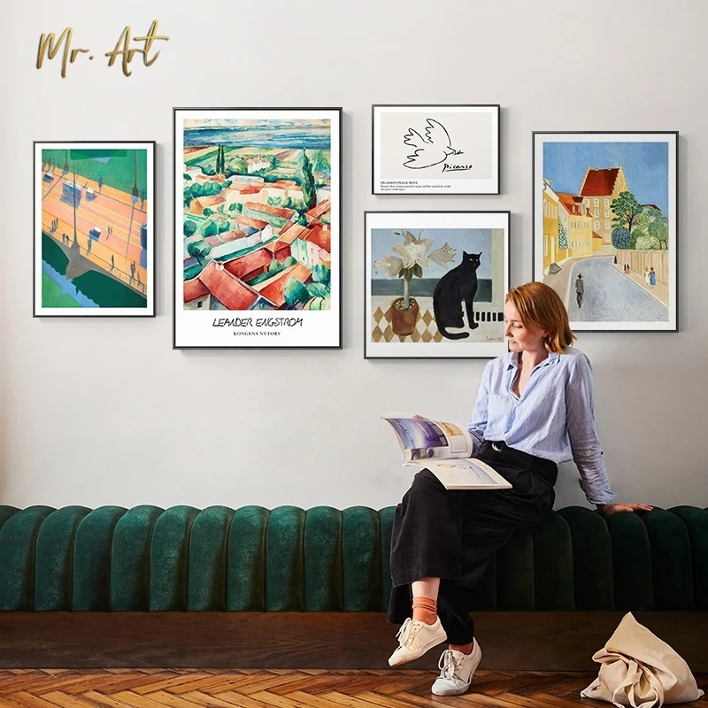 

Modern Painting Pictures Colorful Landscape Canvas Art Peaceful Small Town Buildings Poster Prints for Living Room Dining Room