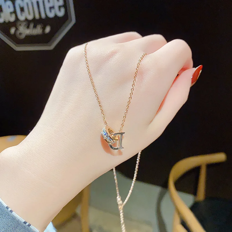 

D Letter Double Ring Titanium Steel Pendant Necklace For Women Exquisite Diamond-Studded Sweater Choker Jewelry For Girlfriend