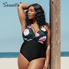 SEASELFIE размера плюс с цветочным принтом твист Одна деталь купальника Для женщин большого размера сексуальный Монокини с v-образным вырезом ванный комплект 2021 пляжный купальный костюм
