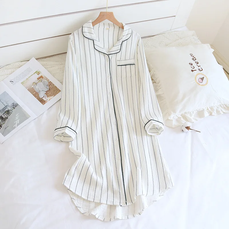 Spring Summer Women's Nightdress Cotton Long Sleeve Nightgowns & Sleepshirts Simple Large Double Layer Crepe Home Nightwear