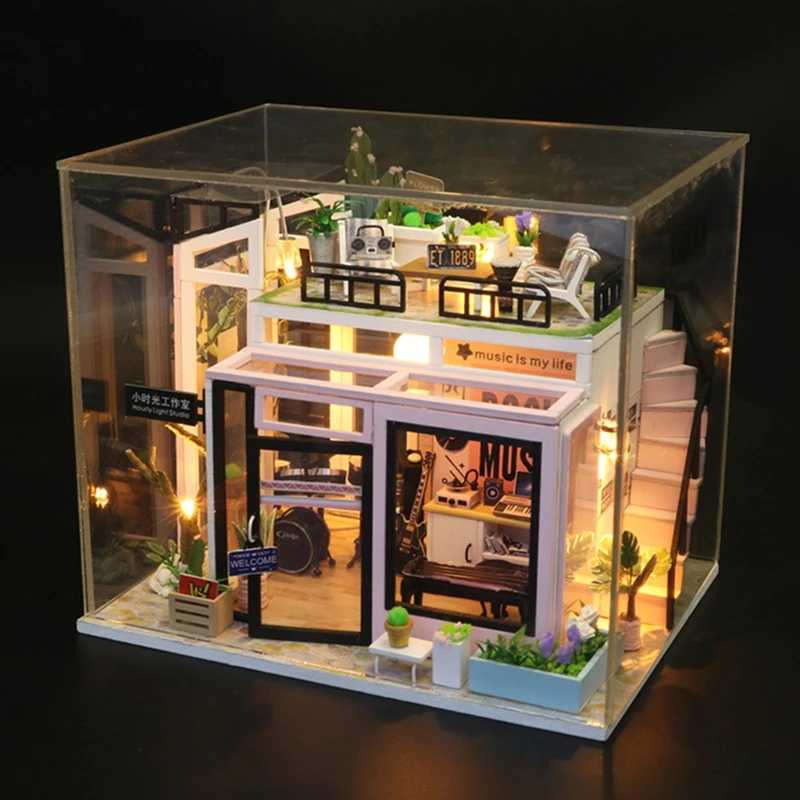 

Dollhouse Miniature with Furniture, DIY Wooden Dollhouse Kit , 1:25 Tiny House Building Kit(Hourly Light