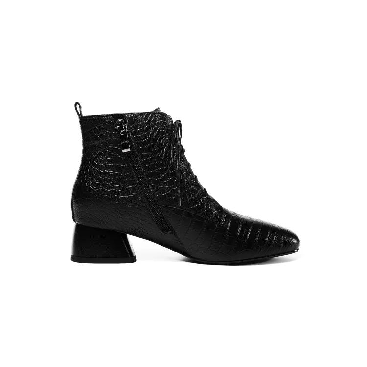 

MLJUESE 2020 women ankle boots cow leather winter short plush lace up square toe checkered high heels female boots party dress