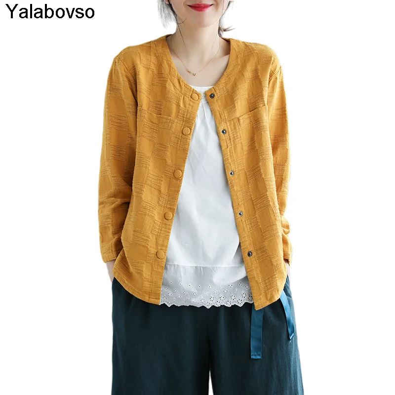 

Cotton Linen Jacquard Short Coat Autumn New Women's Loose Casual Comfortable Tops For Female Solid Color O Neck Jackets