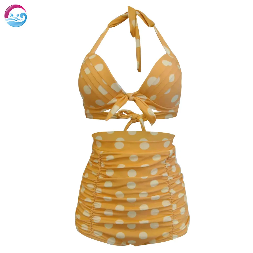 Новый купальник на бретелях бикини с высокой талией в горошек женский оптовая