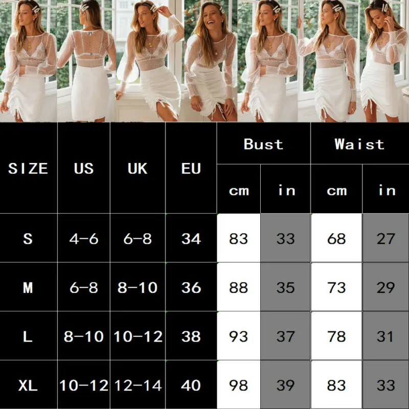 

Women Polka Dot Sheer Mesh See-through Long Sleeve Polka Dot White Sexy Blouse Summer Holidays Tops Shirt Holiday
