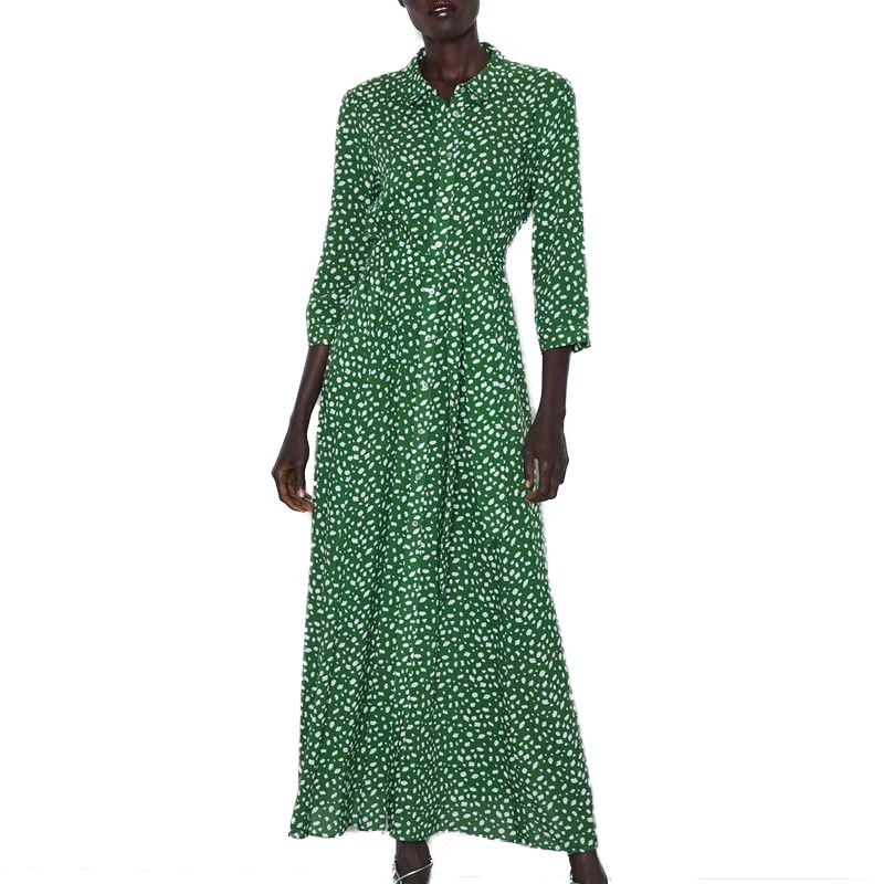 Женское платье с длинным рукавом Za повседневное зеленое клетчатое принтом весна