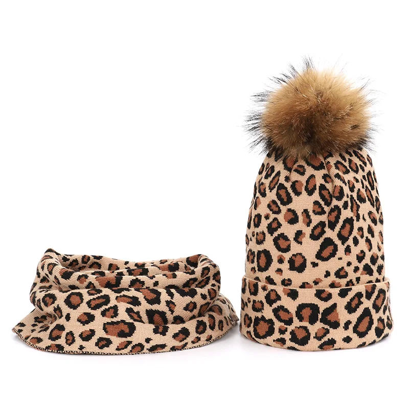 Женский головной убор с леопардовым принтом Меховые помпоны из енота женская