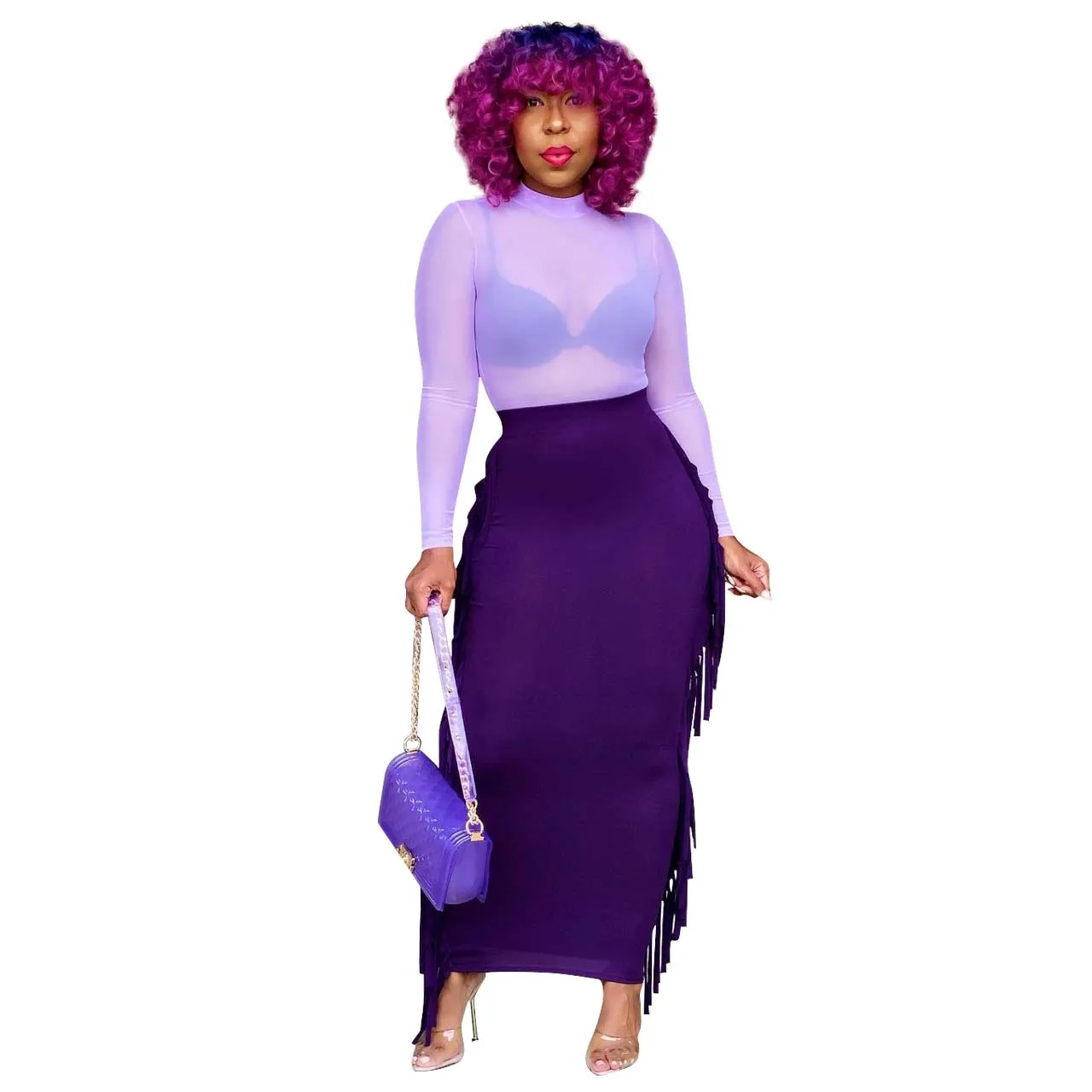 

Autumn New Fashion Sexy Elegant See-through Mesh Top Long Sleeve Skirt Two-piece Female Suit Suitable for Nightclub Party Wear