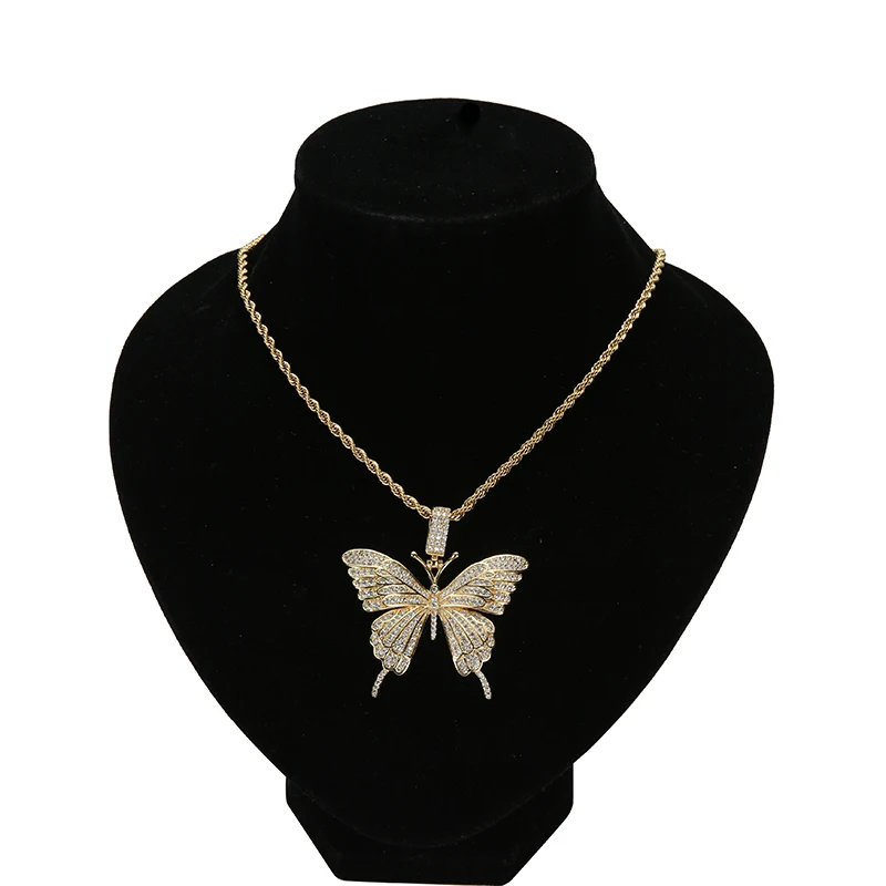 

New 2021 Iced out Butterfly Pendant Necklace Full Cubic Zirconia paved Bling Charm Rope Chain Hip Hop Jewelry Gift Dropshipping