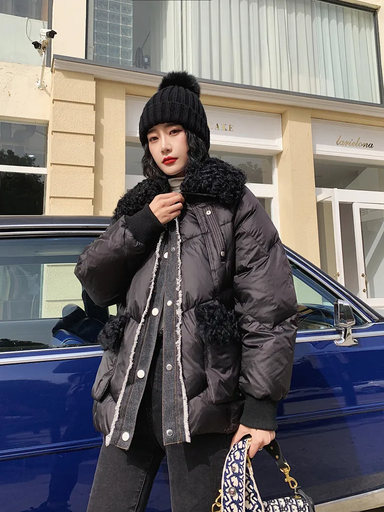 

Женский пуховик средней длины с воротником из меха ягненка, модный плотный кардиган на молнии без пальцев, зима 2020