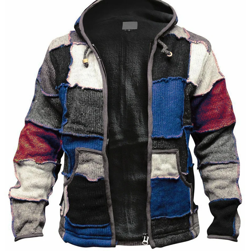 

Men's Casual Plus Velvet Warm Hooded Coats Men 2021 Winter Fashion Loose Streetwear Autumn Long Sleeve Patchwork Knitted jackets