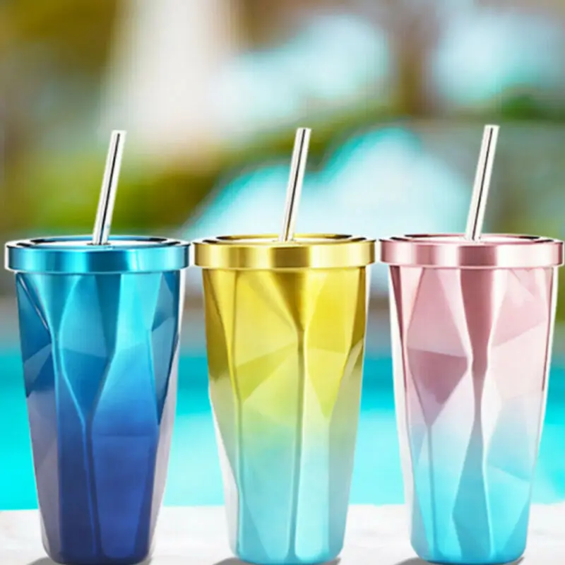 Креативные чашки из нержавеющей стали с алмазным градиентом и соломинкой 500 мл