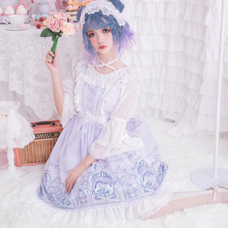 

Sweet princess lolita dress vintage lace cute printing high waist victorian dress kawaii girl tea party gothic lolita jsk loli