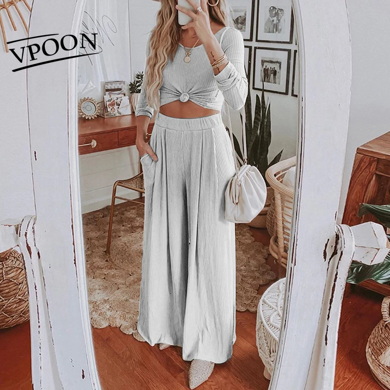 

2021 Fashion Female Suit Loose Sets Winter Casual Set Pants Women O Neck Crop top + High Waist Pants Vintage Women 2 Piece Set