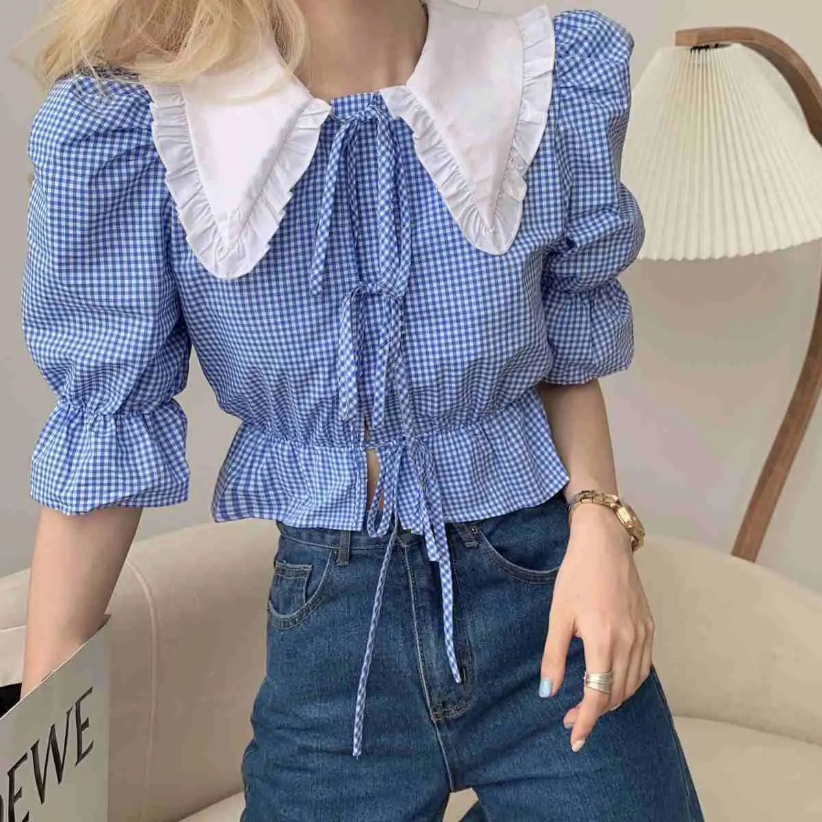 

2021 New Summer Sweet Blouse Shirt Women Vintage Plaid Cropped Shirt Streetwear Ladies Lace Up Crop Tops Elegant Button Up Shirt