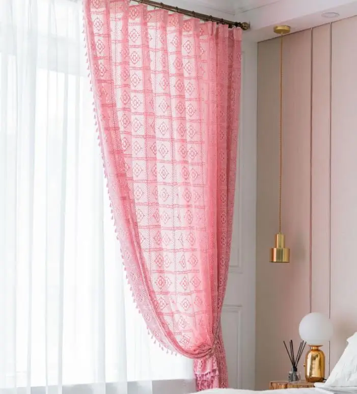Pink with tassels Yvonicky хлопчатобумажная занавеска s для спальни кремового цвета, кружевная занавеска, занавески для окна, кружевная панель, вязаная занавеска для гостиной, кафе - Цвет: Pink with tassels