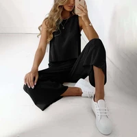 summer home set women casual two pieces sleeveless t shirt and high waist loose wide leg pants solid oversized outfits tracksuit