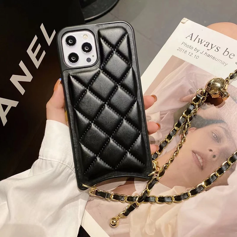 

Luxury Brand Strong Protection Lattice Leather Phone Case for Apple Iphone 12 Pro 7 8 Plus 11 X XS XR MAX SE 2020 Lanyard Cover