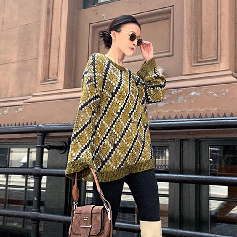 TWOTWINSTYLE вязаный клетчатый женский свитер с круглым вырезом и длинным рукавом элегантные пуловеры женские осень негабаритных модная новая одежда