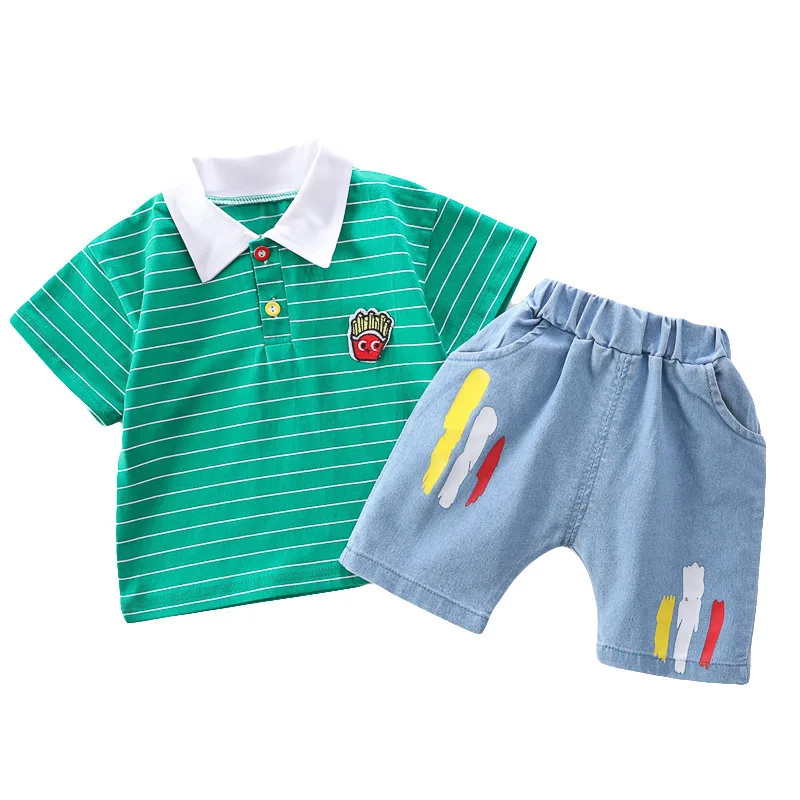 

Hot Sale Brand Kids Clothing Summer Boys Girls Cartoon Clothing Sets Striped POLO Top + Shorts 2 Pcs Suits Children's Clothing