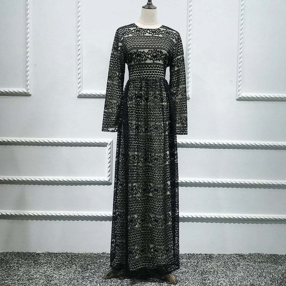 

Длинная Арабская зимняя одежда Дубай 2020 плотные двухслойные черные кружевные макси платья облегающие трапециевидные качели с длинным рука...