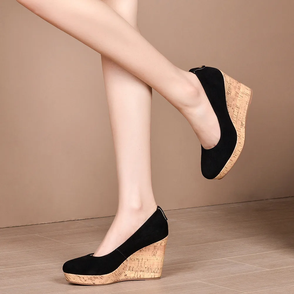 

KARINLUNA Classic Genuine Leather Female Casual Office Brand Pumps Platform Slip On Solid Wedges Women Pumps Women Shoes