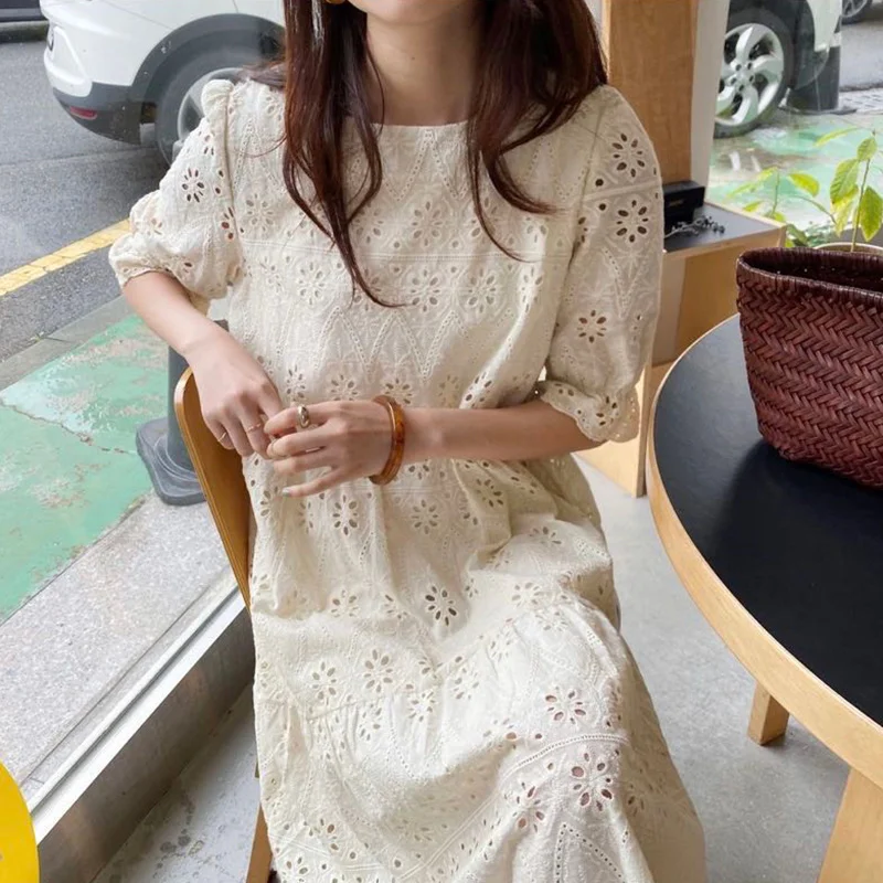 

Women Dress Korean Chic Summer Bubble Sleeve Embroidery Hollow Out Style Knee Length Short Sleeve Dress