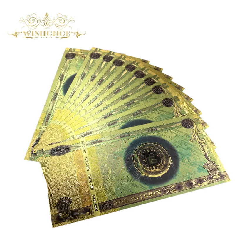 

10pcs/lot Hot Sales Colorful One Bitcoin Banknote BTC Bitcoin Gold Banknotes in 24k Gold Plated For Collection