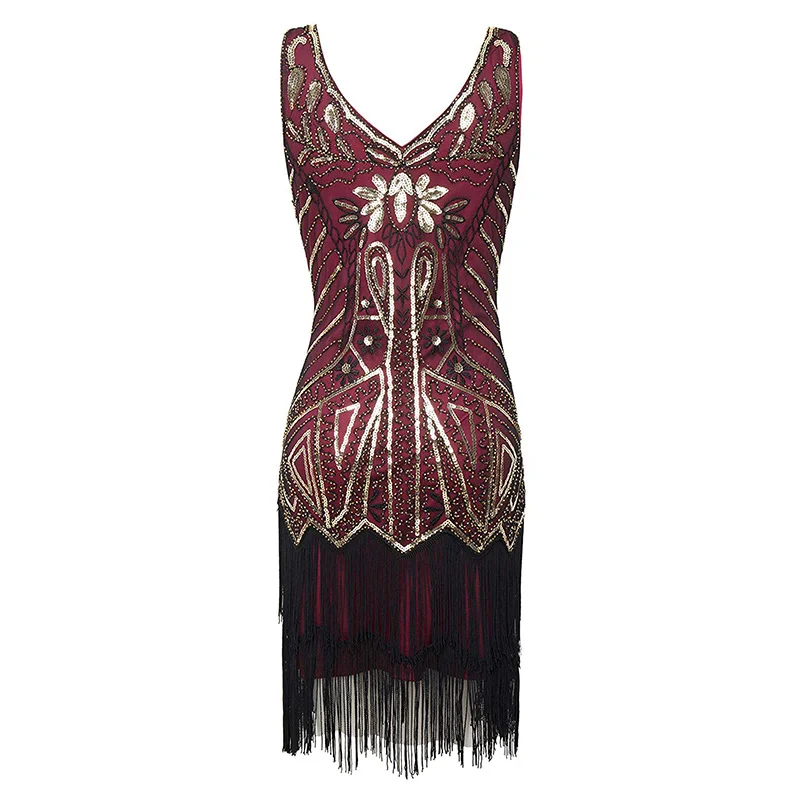 Red Gold Dress Женские Хлопушки платья 1920s бисером бахромой платье Грейт Гэтсби w/Набор аксессуаров xs-xxl - Цвет: Red Gold Dress