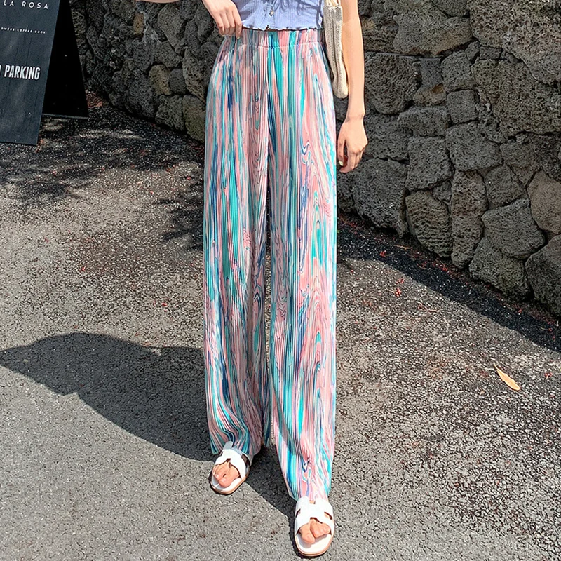 

TIGENA High Waist Pants Women 2021 Summer Cool Casual Color Print Loose Wide Leg Pleated Pants Female Yellow Pink Trousers Women