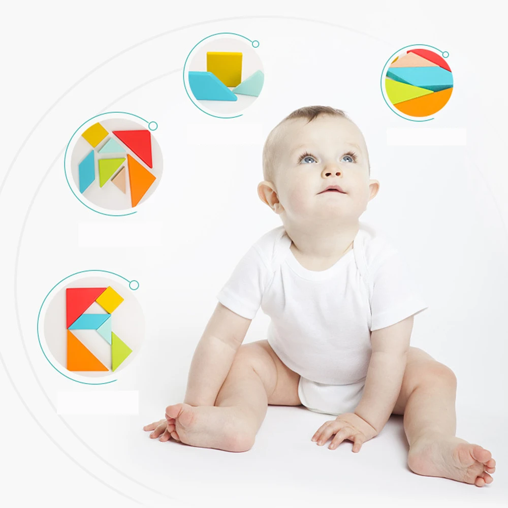 

Colorful 3D Puzzle Wooden Tangram Math Toys Jigsaw Game Board Children Montessori Pre-school Learning Magination Toy for Kids