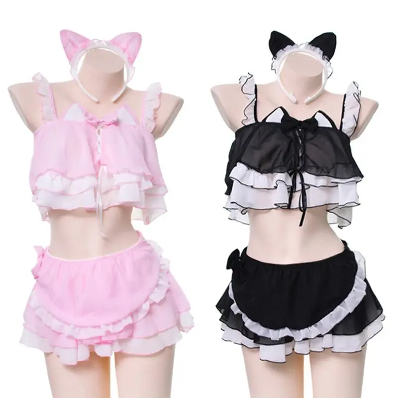 

Womens Cat Ears Cosplay Lingerie Set Lolita Anime Chiffon Ruffles Crop Top Skirt Apron Sexy Maid Costume Uniform Nightwear