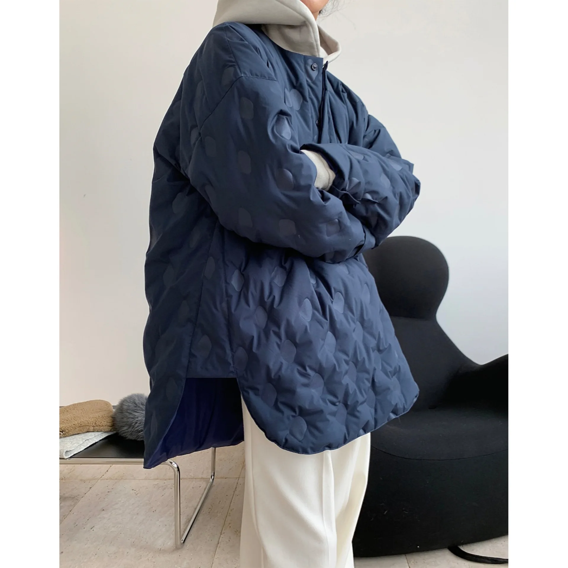 Winter Korean Style Design Profile Lazy Embossed round Neck Shirt down Jacket Loose Slimming Warm Coat for Women