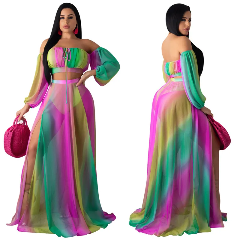 Летнее шифоновое платье-макси с открытыми плечами женское прозрачное пляжное