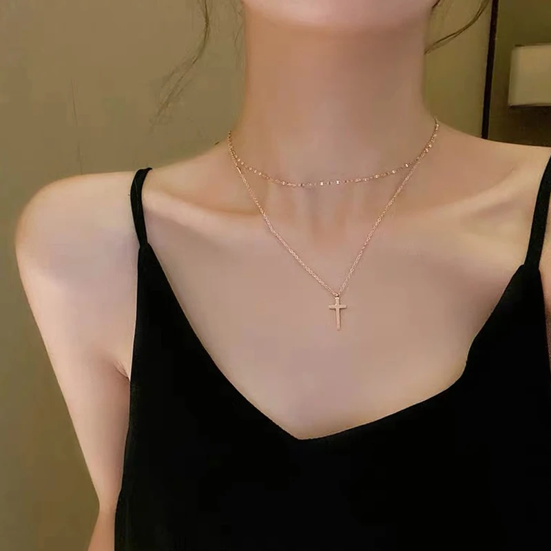 

Stainless Steel Variety Fashion Rose Gold Delicate Layered Necklace with Cross Pendant Stainless Steel Jewelry