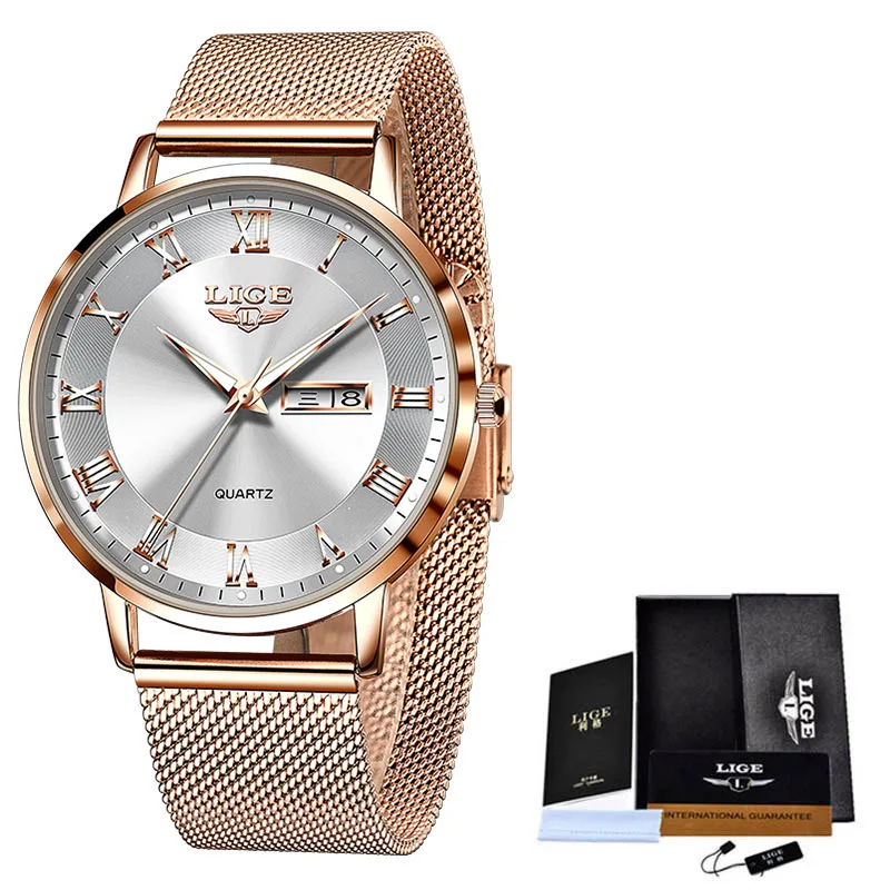 

Womens Watches Japan Quartz Movement High Quality Ultra-Thin LIGE Watch Stainless Steel Mesh Rose Gold Waterproof Ladies Clocks