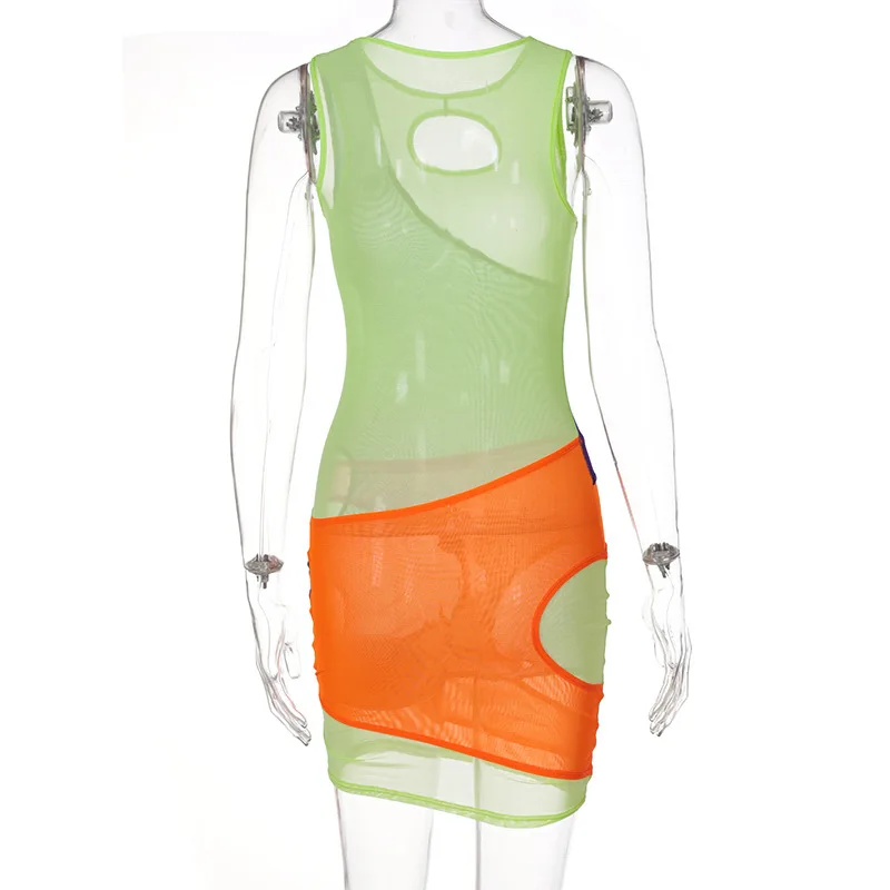 

BOOFEENAA Hollow Mesh Patchwork Sleeveless Mini Bodycon Dress Fashion Sexy Club Outfits for Women Dresses Summer 2021 C70-CD13