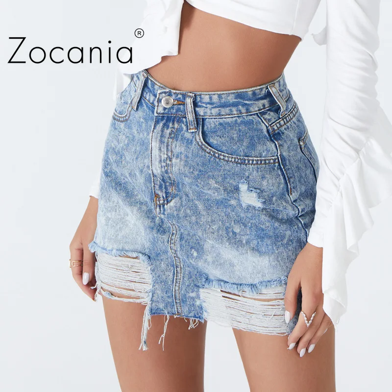 

Vintage High-waisted Skirt Woman Clothes Harajuku Aesthetic Mini Skirts Korean Fashion Irregular Brushed Hem Hole Denim Skirt