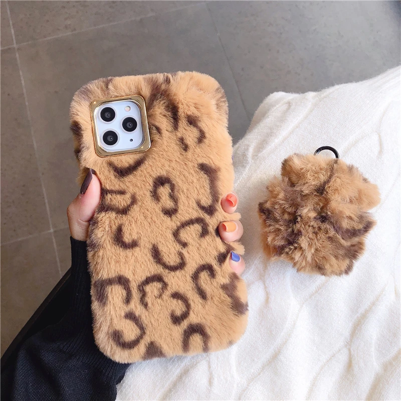 Leopard Plush Phone Case For Apple iPhone X XR XS 11 Pro Max 8 7 6S 6 Plus Cover Airpods 1 2 Cute Soft Girl Back Cases |