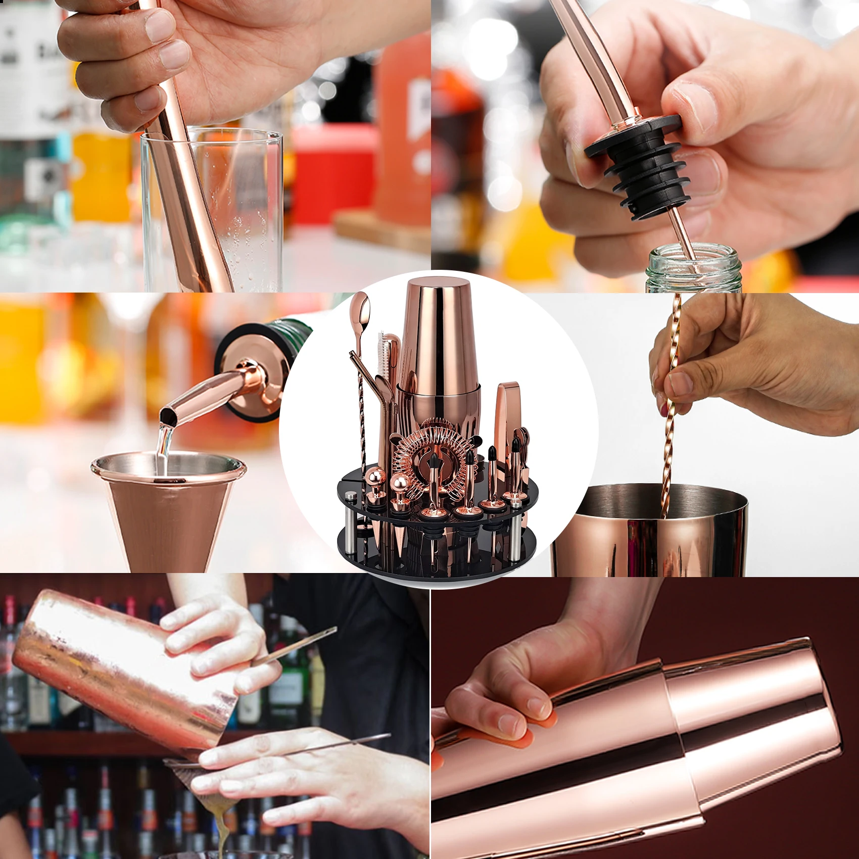 Kit de barman, juego de coctelera de oro rosa de 20 piezas con soporte acr&iacute;lico giratorio, para bebidas mezcladas, Martini, hogar, Bar-1