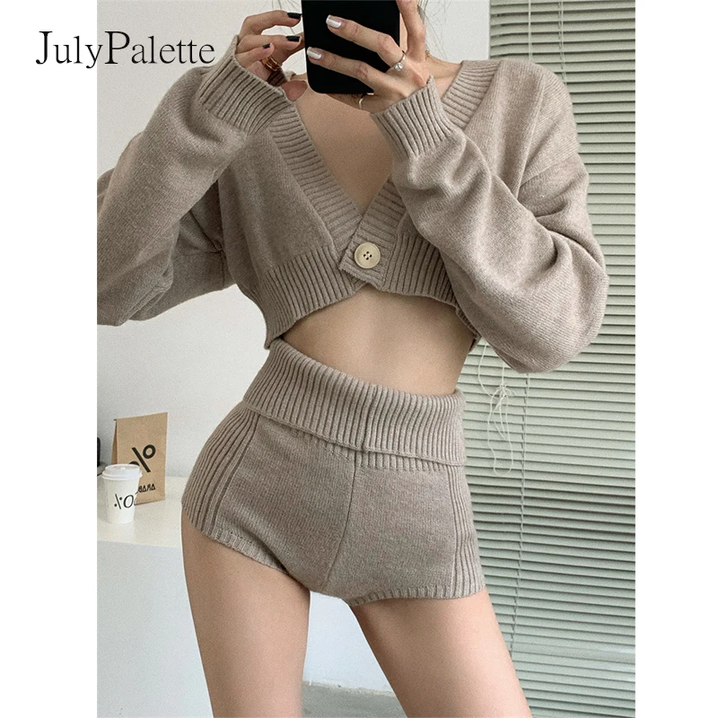 

Женский трикотажный комплект Julypalette из 2 предметов, короткий кардиган с длинным рукавом и шорты с высокой талией, осень 2021, сексуальный женск...