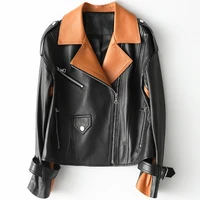assorted colors genuine leather short coat women female real sheepskin turn down lapel motorcycle jacket warm outwer plus size