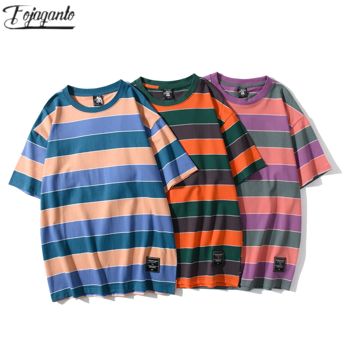

FOJAGANTO 2021 Summer T-Shirt Men Loose Cotton Short Sleeve Three-Color Stripe T Shirts Men