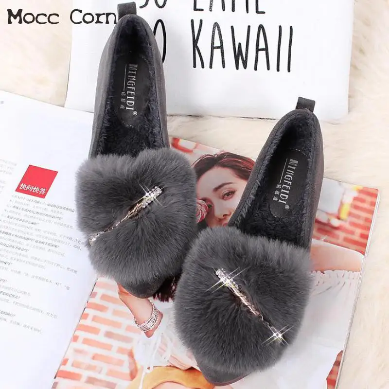 Женские туфли на плоской подошве теплые меховые плюшевые Мокасины большие