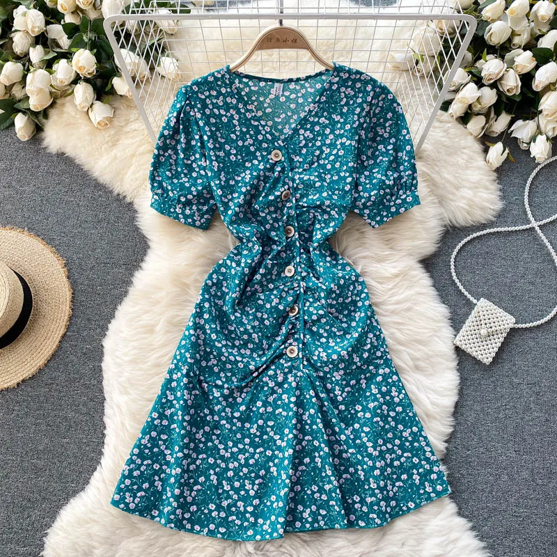 Женское однобортное платье с цветочным принтом летнее до колена пышными