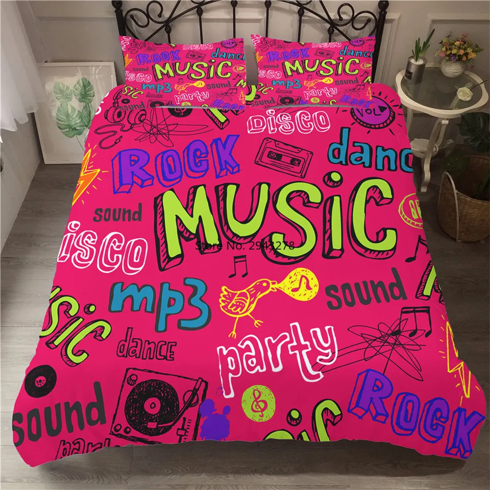 

3D Cartoon Duvet Cover King queen Size Music note Printed Black Quilt Cover set 1/2Pillowcase Bed Linen Custom Kids Bedding Set
