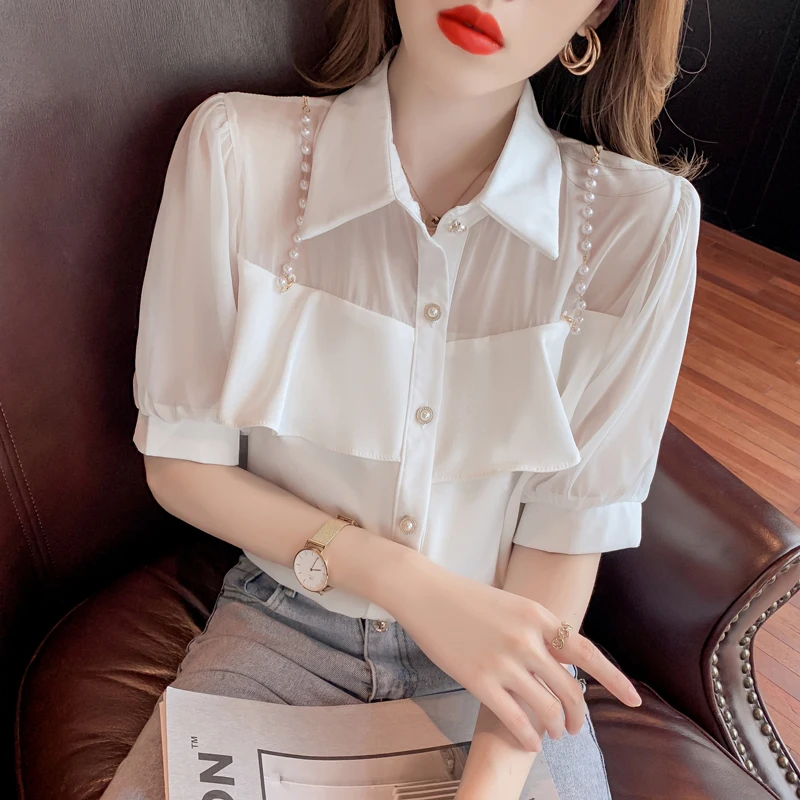 

Женские блузки, рубашка-поло, топы с коротким рукавом, шифоновые кружевные рубашки на пуговицах, облегающие однотонные Модные женские повсе...