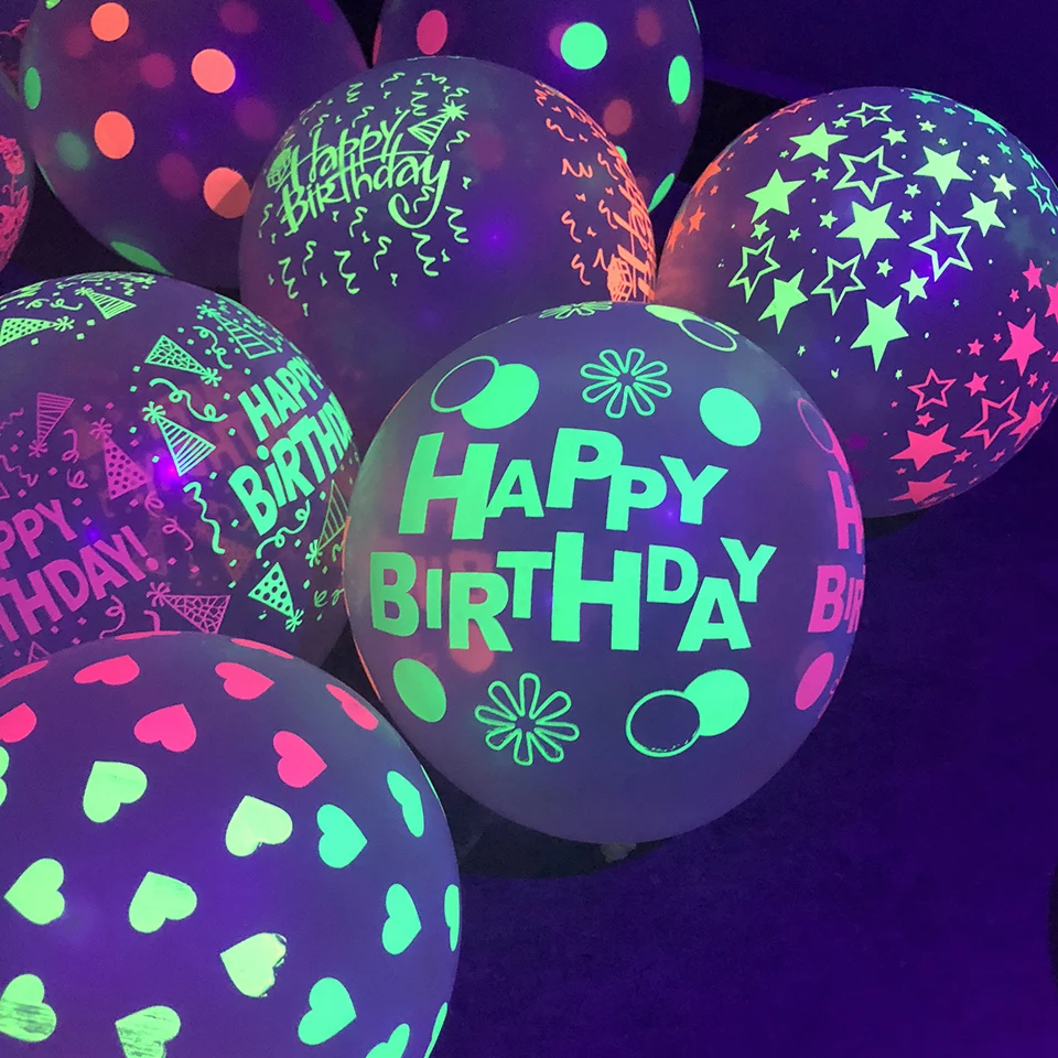Happy Birthday Latex Balloons Glow In The Dark UV Glow Balloons Blacklight Reactive Neon Xmas Party Kids Birthday Luminous Decor